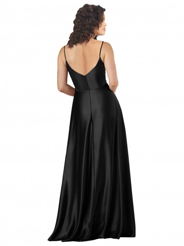 Noir Trapèze Col V Satiné Soyeux Longue Formelles Robes demoiselle d'honneur / Robes de soirée / Robes de bal