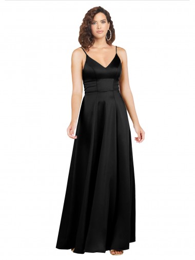 Noir Trapèze Col V Satiné Soyeux Longue Formelles Robes demoiselle d'honneur / Robes de soirée / Robes de bal Pas Cher
