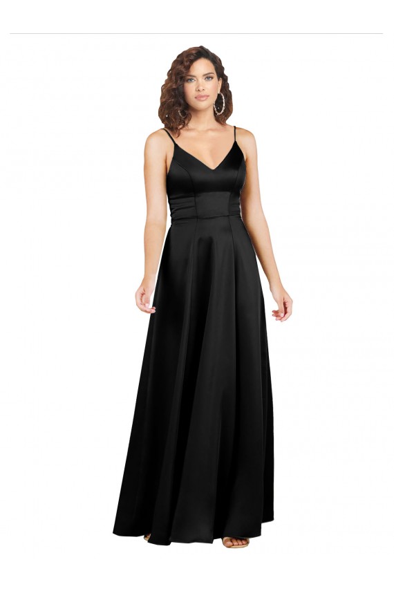 Noir Trapèze Col V Satiné Soyeux Longue Formelles Robes demoiselle d'honneur / Robes de soirée / Robes de bal Pas Cher