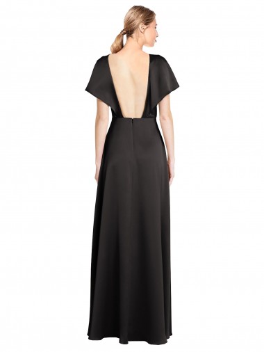 Noir Trapèze Col V Satiné Stretch Longue Formelles Robes demoiselle d'honneur / Robes de soirée / Robes de bal