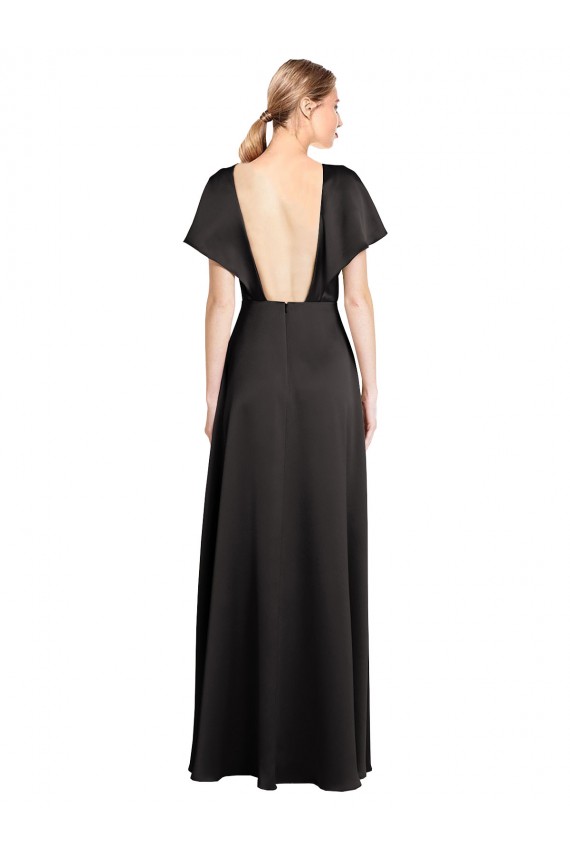 Noir Trapèze Col V Satiné Stretch Longue Formelles Robes demoiselle d'honneur / Robes de soirée / Robes de bal Pas Cher