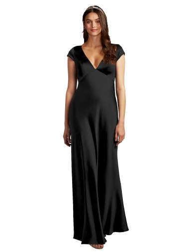 Noir Trapèze Col V Satiné Stretch Longue Formelles Robes demoiselle d'honneur / Robes de soirée / Robes de bal Pas Cher