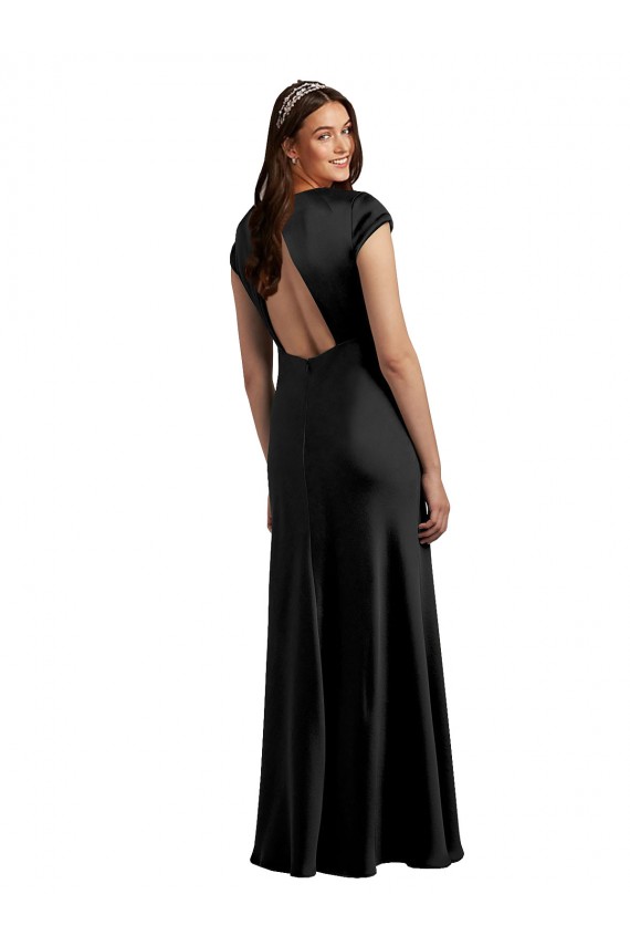 Noir Trapèze Col V Satiné Stretch Longue Formelles Robes demoiselle d'honneur / Robes de soirée / Robes de bal Pas Cher