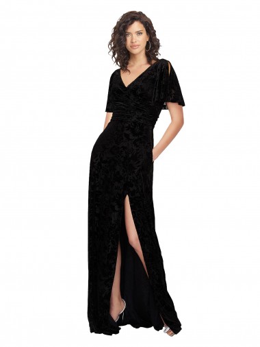 Noir Trapèze Col V Velours Floral Velours Stretch Longue Robes demoiselle d'honneur Pas Cher