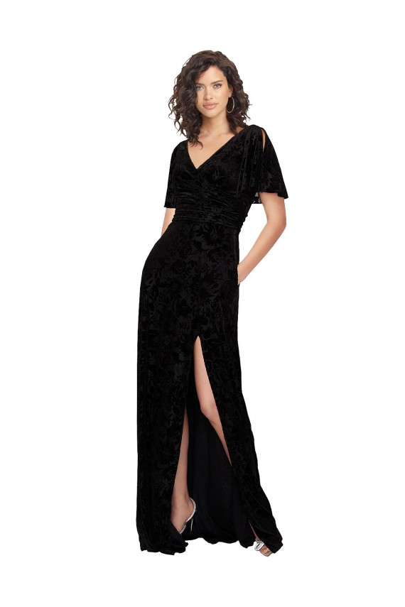 Noir Trapèze Col V Velours Floral Velours Stretch Longue Robes demoiselle d'honneur Pas Cher