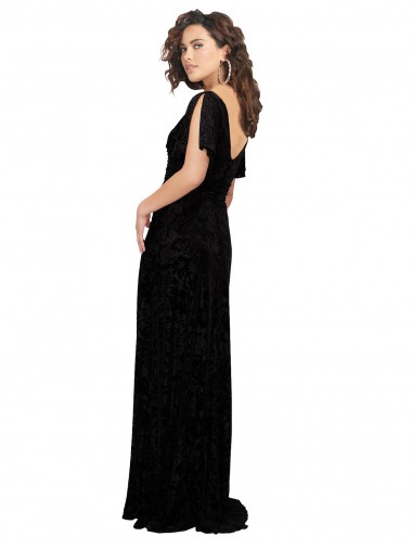 Noir Trapèze Col V Velours Floral Velours Stretch Longue Robes demoiselle d'honneur