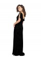 Noir Trapèze Col V Velours Floral Velours Stretch Longue Robes demoiselle d'honneur Pas Cher