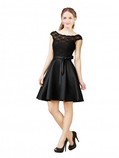 Noir Trapèze Illusion Satiné Dentelle Courte Robes demoiselle d'honneur / Robes de cocktail Pas Cher