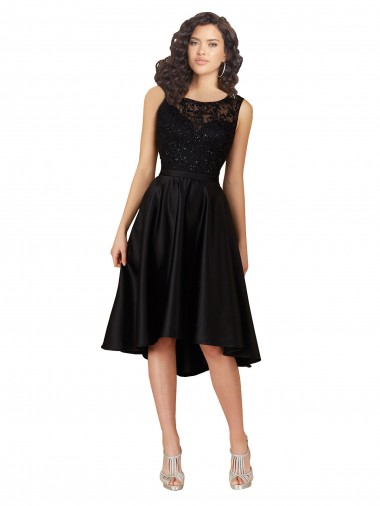 Noir Trapèze Illusion midi Satiné Dentelle Courte Asymétrique Robes demoiselle d'honneur / Robes de cocktail Pas Cher