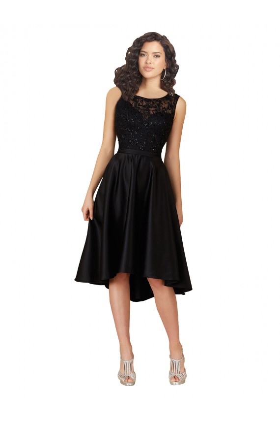 Noir Trapèze Illusion midi Satiné Dentelle Courte Asymétrique Robes demoiselle d'honneur / Robes de cocktail Pas Cher