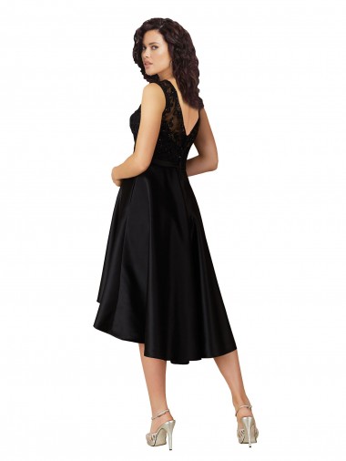 Noir Trapèze Illusion midi Satiné Dentelle Courte Asymétrique Robes demoiselle d'honneur / Robes de cocktail