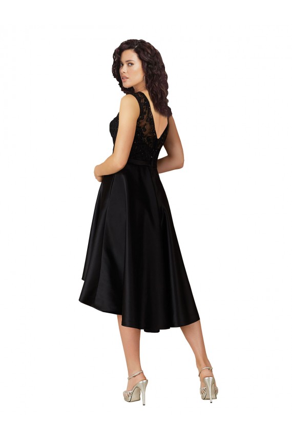 Noir Trapèze Illusion midi Satiné Dentelle Courte Asymétrique Robes demoiselle d'honneur / Robes de cocktail Pas Cher