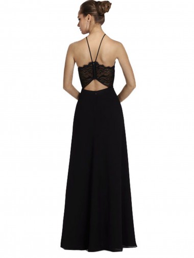 Noir Trapèze Licou Mousseline Dentelle Longue Robes demoiselle d'honneur