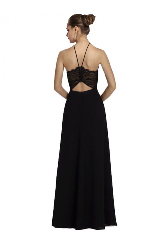 Noir Trapèze Licou Mousseline Dentelle Longue Robes demoiselle d'honneur Pas Cher