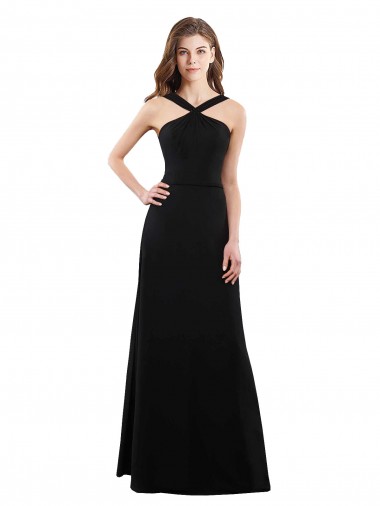 Noir Trapèze Licou Mousseline Longue Robes demoiselle d'honneur Pas Cher