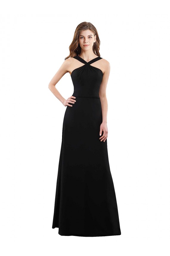 Noir Trapèze Licou Mousseline Longue Robes demoiselle d'honneur Pas Cher