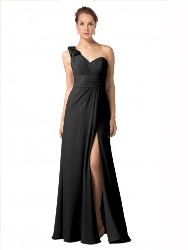 Noir Trapèze Mousseline Longue Robes demoiselle d'honneur Pas Cher