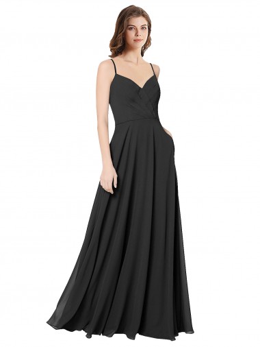 Noir Trapèze Mousseline Longue Robes demoiselle d'honneur Pas Cher