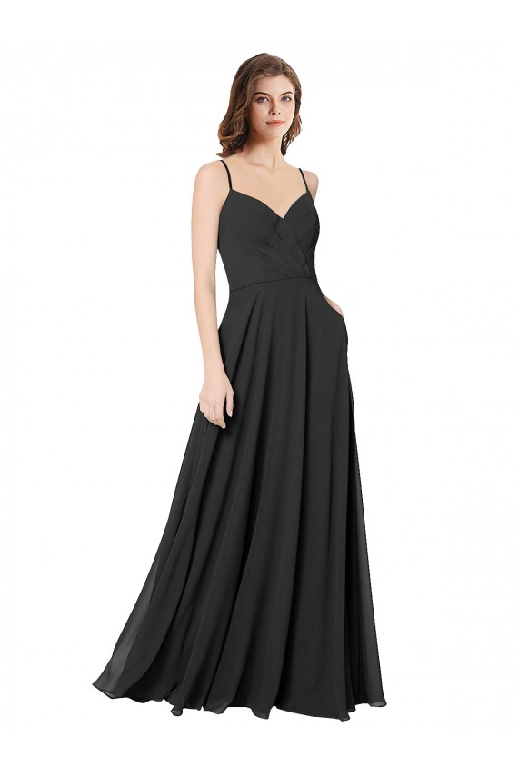 Noir Trapèze Mousseline Longue Robes demoiselle d'honneur Pas Cher