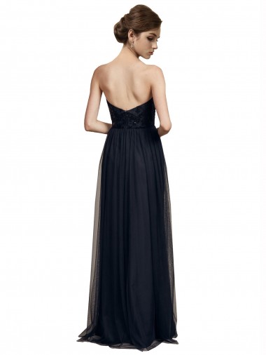 Noir Trapèze Sans bretelle Tulle Longue Robes demoiselle d'honneur