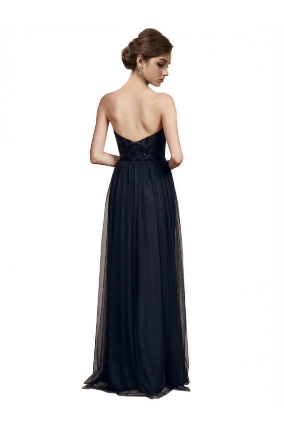 Noir Trapèze Sans bretelle Tulle Longue Robes demoiselle d'honneur Pas Cher