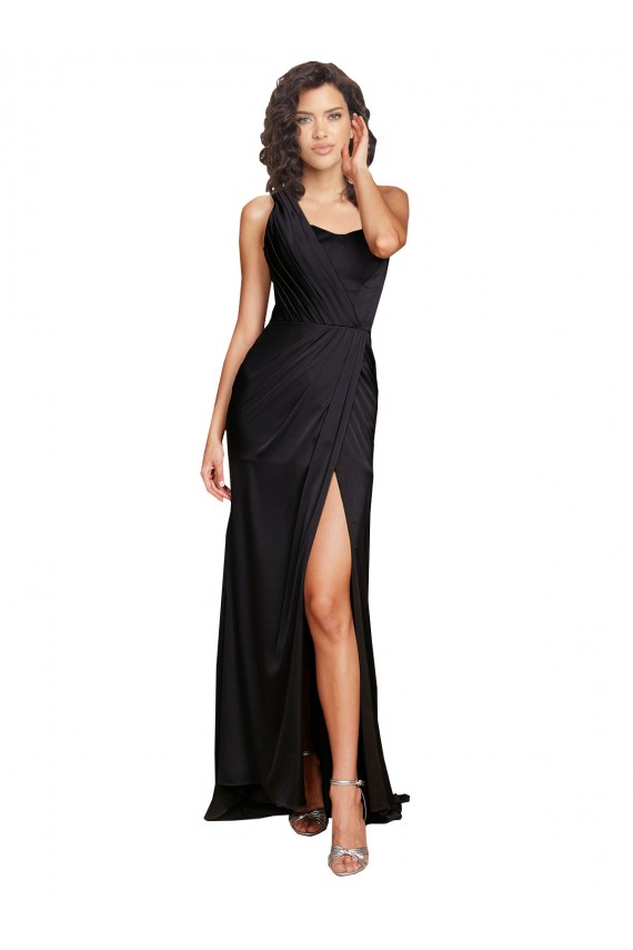 Noir Trapèze Satiné Soyeux Longue Formelles Robes demoiselle d'honneur / Robes de soirée / Robes de bal Pas Cher