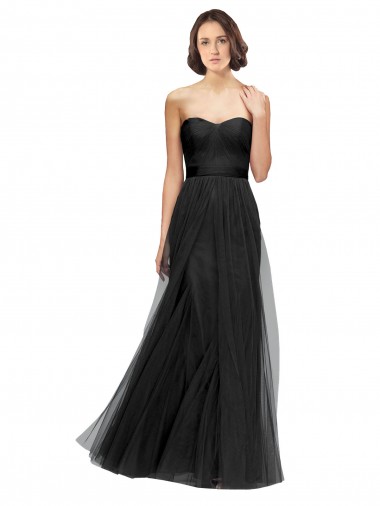 Noir Trapèze Tulle Longue Robes demoiselle d'honneur Pas Cher