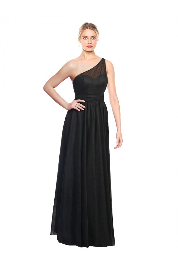 Noir Trapèze Tulle Longue Robes demoiselle d'honneur Pas Cher