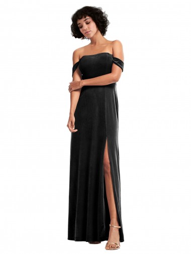 Noir Trapèze Épaule Dénudée Sans bretelle Velours Stretch Longue Formelles Robes demoiselle d'honneur / Robes de soirée / Robes de bal Pas Cher