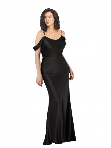 Noir Trapèze Épaule Dénudée Satiné Soyeux Longue Formelles Robes demoiselle d'honneur / Robes de soirée / Robes de bal Pas Cher
