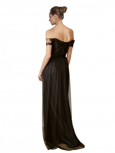 Noir Trapèze Épaule Dénudée Tulle Paillette Longue Robes demoiselle d'honneur