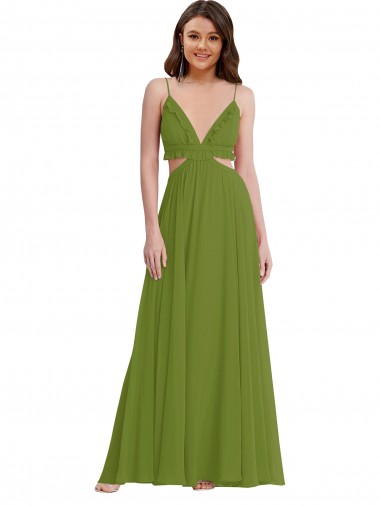 Olive verte Trapèze Col V Mousseline Longue Robes demoiselle d'honneur Pas Cher