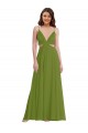 Olive verte Trapèze Col V Mousseline Longue Robes demoiselle d'honneur Pas Cher