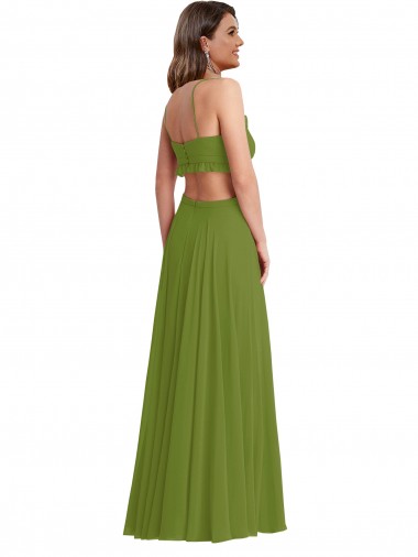 Olive verte Trapèze Col V Mousseline Longue Robes demoiselle d'honneur