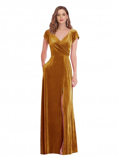 Or Fourreau Col V Velours Stretch Longue Formelles Robes demoiselle d'honneur / Robes de soirée / Robes de bal Pas Cher