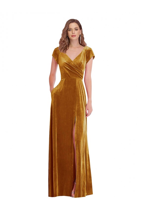 Or Fourreau Col V Velours Stretch Longue Formelles Robes demoiselle d'honneur / Robes de soirée / Robes de bal Pas Cher