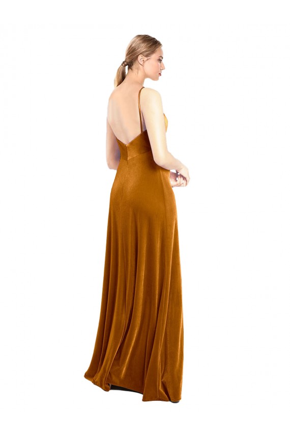 Or Trapèze Bretelles spaghetti Velours Stretch Longue Robes demoiselle d'honneur / Robes de bal Pas Cher