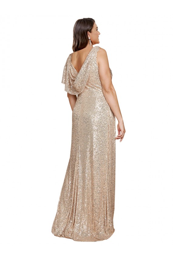 Or Trapèze Col V Paillette Longue Formelles Robes demoiselle d'honneur / Robes de soirée / Robes de bal Pas Cher