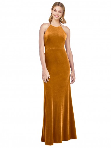 Or Trapèze Licou Col Haut Velours Stretch Longue Formelles Robes demoiselle d'honneur / Robes de soirée / Robes de bal Pas Cher
