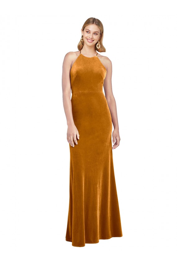 Or Trapèze Licou Col Haut Velours Stretch Longue Formelles Robes demoiselle d'honneur / Robes de soirée / Robes de bal Pas Cher