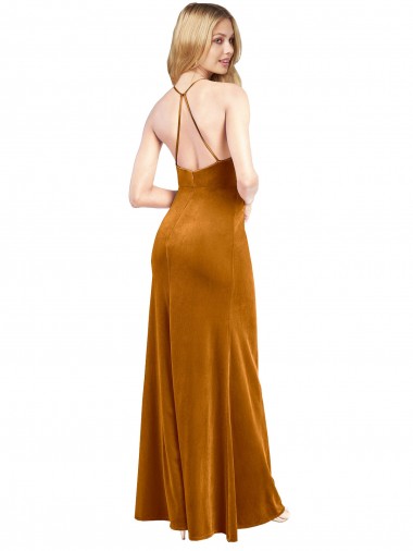 Or Trapèze Licou Col Haut Velours Stretch Longue Formelles Robes demoiselle d'honneur / Robes de soirée / Robes de bal
