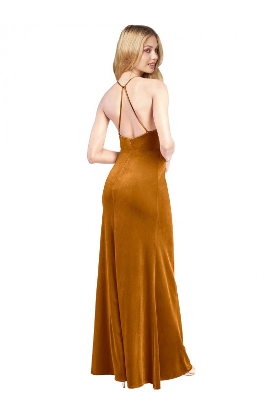 Or Trapèze Licou Col Haut Velours Stretch Longue Formelles Robes demoiselle d'honneur / Robes de soirée / Robes de bal Pas Cher