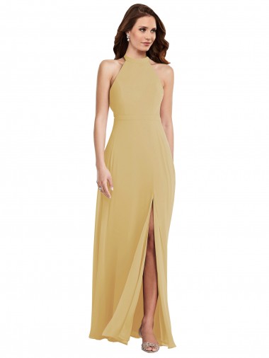 Or Trapèze Licou Mousseline Longue Robes demoiselle d'honneur Pas Cher