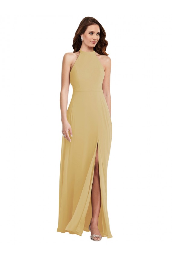 Or Trapèze Licou Mousseline Longue Robes demoiselle d'honneur Pas Cher
