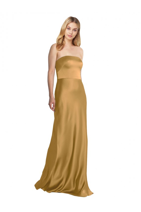 Or Trapèze Sans bretelle Satiné Stretch Longue Formelles Robes demoiselle d'honneur / Robes de soirée / Robes de bal Pas Cher