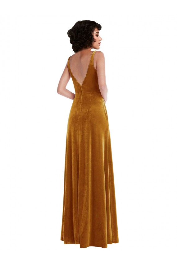 Or Trompette Col V Velours Stretch Longue Robes demoiselle d'honneur / Robes de bal Pas Cher