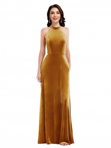 Or Trompette Licou Col Haut Velours Stretch Longue Robes demoiselle d'honneur / Robes de bal Pas Cher