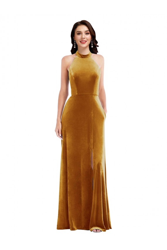 Or Trompette Licou Col Haut Velours Stretch Longue Robes demoiselle d'honneur / Robes de bal Pas Cher