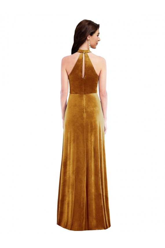 Or Trompette Licou Col Haut Velours Stretch Longue Robes demoiselle d'honneur / Robes de bal Pas Cher