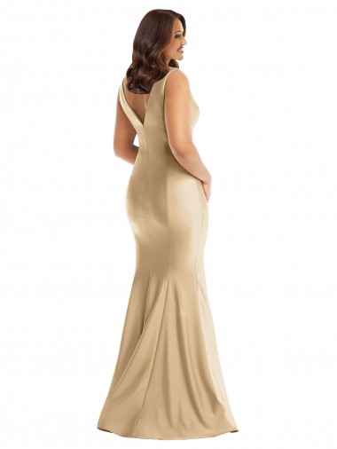 Or doux Sirène Col V Satiné Soyeux Longue Formelles Robes demoiselle d'honneur / Robes de soirée / Robes de bal
